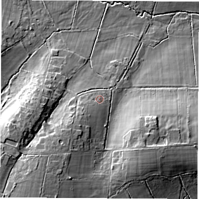 Shaded relief map of the ground around RG200NW, computed from Environment Agency LiDAR. The ground here sits at about 117 m above sea level and falls 24 m across the surrounding 800 m. Surface water reaching this point runs off ground lying to the south-west, 6.1 m higher.