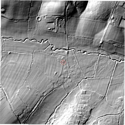 Shaded relief map of the ground around RG200PL, computed from Environment Agency LiDAR. The ground here sits at about 110 m above sea level and falls 22 m across the surrounding 800 m. Surface water reaching this point runs off ground lying to the south-west, 10.4 m higher.