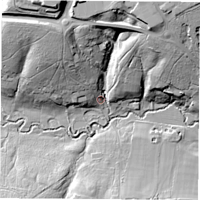 Shaded relief map of the ground around RG204HS, computed from Environment Agency LiDAR. The ground here sits at about 79 m above sea level and falls 37 m across the surrounding 800 m. Surface water reaching this point runs off ground lying to the north-north-east, 30.3 m higher.