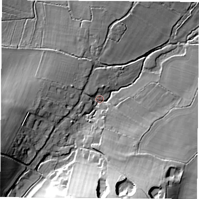 Shaded relief map of the ground around RG204UD, computed from Environment Agency LiDAR. The ground here sits at about 98 m above sea level and falls 27 m across the surrounding 800 m. Surface water reaching this point runs off ground lying to the south, 25.6 m higher.