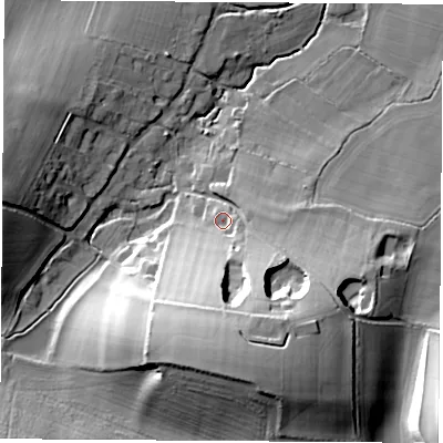 Shaded relief map of the ground around RG204UQ, computed from Environment Agency LiDAR. The ground here sits at about 104 m above sea level and falls 32 m across the surrounding 800 m. Surface water reaching this point runs off ground lying to the south-south-east, 24.1 m higher.