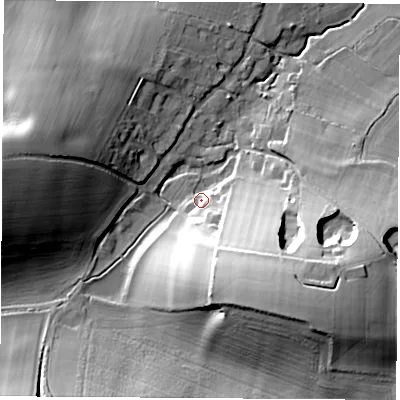 Shaded relief map of the ground around RG204UR, computed from Environment Agency LiDAR. The ground here sits at about 101 m above sea level and falls 32 m across the surrounding 800 m. Surface water reaching this point runs off ground lying to the south-south-east, 24.8 m higher.