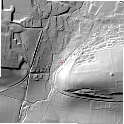 Shaded relief map of the ground around RG205PL, computed from Environment Agency LiDAR. The ground here sits at about 100 m above sea level and falls 43 m across the surrounding 800 m. Surface water reaching this point runs off ground lying to the south-east, 33.2 m higher.