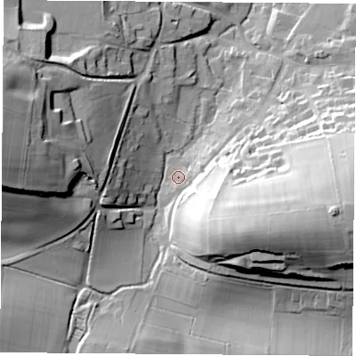 Shaded relief map of the ground around RG205PW, computed from Environment Agency LiDAR. The ground here sits at about 99 m above sea level and falls 43 m across the surrounding 800 m. Surface water reaching this point runs off ground lying to the south-east, 32.2 m higher.