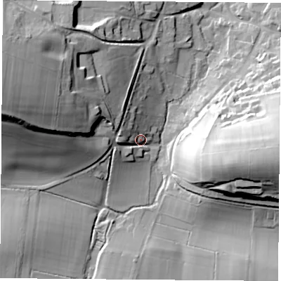 Shaded relief map of the ground around RG205QA, computed from Environment Agency LiDAR. The ground here sits at about 102 m above sea level and falls 44 m across the surrounding 800 m. Surface water reaching this point runs off ground lying to the west-north-west, 32.6 m higher.