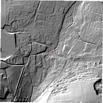 Shaded relief map of the ground around RG205SJ, computed from Environment Agency LiDAR. The ground here sits at about 95 m above sea level and falls 45 m across the surrounding 800 m. Surface water reaching this point runs off ground lying to the south-south-east, 42.1 m higher.
