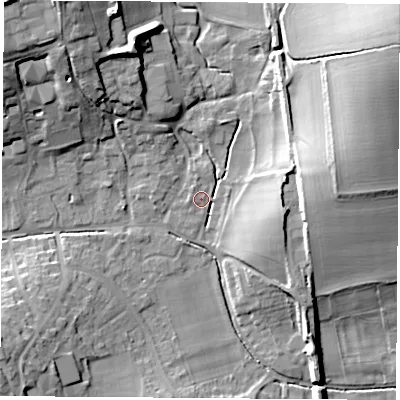 Shaded relief map of the ground around RG206NG, computed from Environment Agency LiDAR. The ground here sits at about 99 m above sea level and falls 34 m across the surrounding 800 m. Surface water reaching this point runs off ground lying to the north-east, 31.7 m higher.