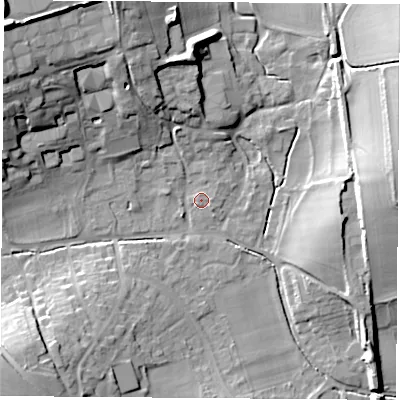 Shaded relief map of the ground around RG206NH, computed from Environment Agency LiDAR. The ground here sits at about 100 m above sea level and falls 26 m across the surrounding 800 m. Surface water reaching this point runs off ground lying to the north-west, 23.8 m higher.