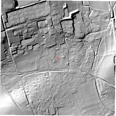 Shaded relief map of the ground around RG206NJ, computed from Environment Agency LiDAR. The ground here sits at about 100 m above sea level and falls 32 m across the surrounding 800 m. Surface water reaching this point runs off ground lying to the north, 9.7 m higher.