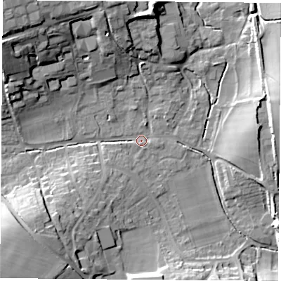 Shaded relief map of the ground around RG206NL, computed from Environment Agency LiDAR. The ground here sits at about 99 m above sea level and falls 27 m across the surrounding 800 m. Surface water reaching this point runs off ground lying to the south-west, 24.3 m higher.