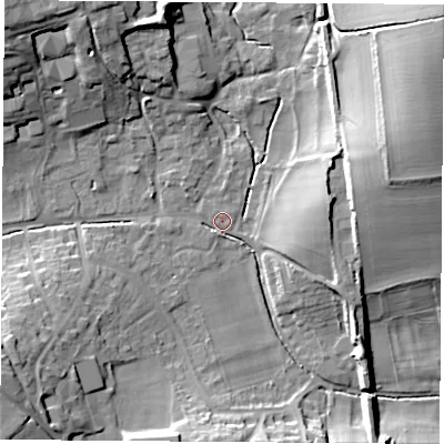Shaded relief map of the ground around RG206NQ, computed from Environment Agency LiDAR. The ground here sits at about 99 m above sea level and falls 32 m across the surrounding 800 m. Surface water reaching this point runs off ground lying to the north-east, 29.9 m higher.