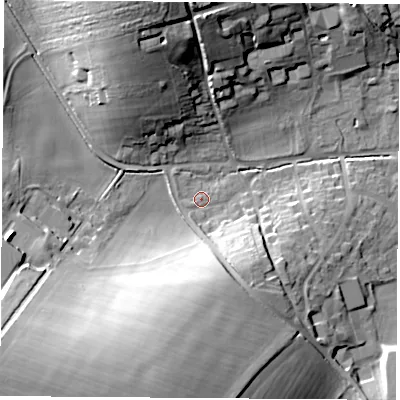 Shaded relief map of the ground around RG206PJ, computed from Environment Agency LiDAR. The ground here sits at about 102 m above sea level and falls 30 m across the surrounding 800 m. Surface water reaching this point runs off ground lying to the south-south-west, 25.4 m higher.