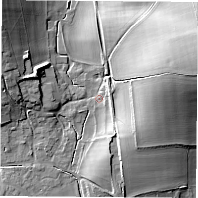 Shaded relief map of the ground around RG206PS, computed from Environment Agency LiDAR. The ground here sits at about 100 m above sea level and falls 40 m across the surrounding 800 m. Surface water reaching this point runs off ground lying to the east-north-east, 37.9 m higher.