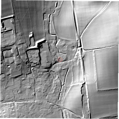 Shaded relief map of the ground around RG206PT, computed from Environment Agency LiDAR. The ground here sits at about 100 m above sea level and falls 34 m across the surrounding 800 m. Surface water reaching this point runs off ground lying to the east-north-east, 33.0 m higher.
