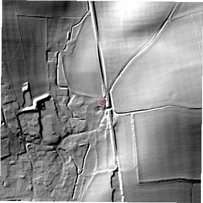 Shaded relief map of the ground around RG206PU, computed from Environment Agency LiDAR. The ground here sits at about 104 m above sea level and falls 40 m across the surrounding 800 m. Surface water reaching this point runs off ground lying to the north-east, 4.0 m higher.