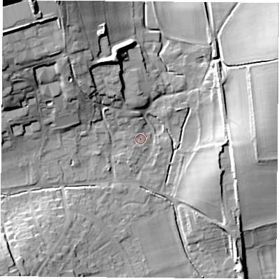 Shaded relief map of the ground around RG206QP, computed from Environment Agency LiDAR. The ground here sits at about 100 m above sea level and falls 28 m across the surrounding 800 m. Surface water reaching this point runs off ground lying to the north-north-west, 1.7 m higher.