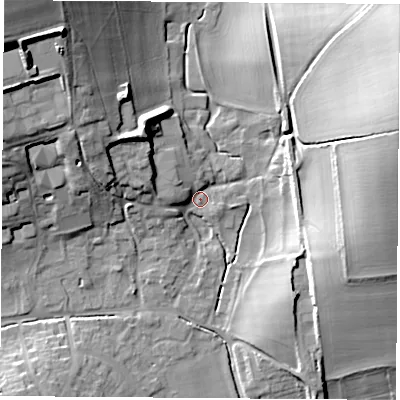 Shaded relief map of the ground around RG206QR, computed from Environment Agency LiDAR. The ground here sits at about 100 m above sea level and falls 31 m across the surrounding 800 m. Surface water reaching this point runs off ground lying to the east-north-east, 31.1 m higher.