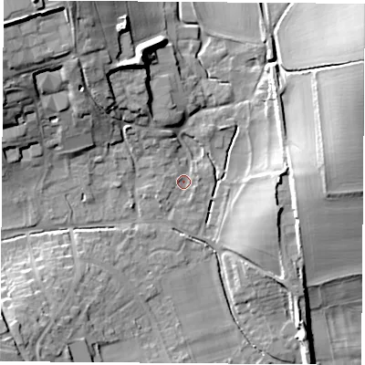 Shaded relief map of the ground around RG206QS, computed from Environment Agency LiDAR. The ground here sits at about 99 m above sea level and falls 30 m across the surrounding 800 m. Surface water reaching this point runs off ground lying to the west-north-west, 3.0 m higher.