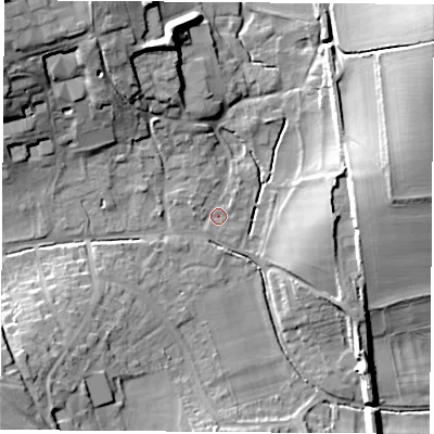 Shaded relief map of the ground around RG206QT, computed from Environment Agency LiDAR. The ground here sits at about 99 m above sea level and falls 30 m across the surrounding 800 m. Surface water reaching this point runs off ground lying to the west-north-west, 1.5 m higher.