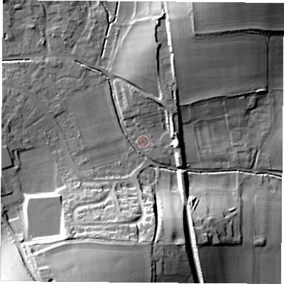 Shaded relief map of the ground around RG206QU, computed from Environment Agency LiDAR. The ground here sits at about 98 m above sea level and falls 26 m across the surrounding 800 m. Surface water reaching this point runs off ground lying to the south-south-west, 24.8 m higher.