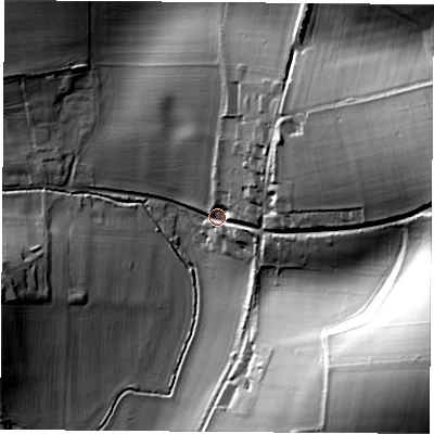 Shaded relief map of the ground around RG206RD, computed from Environment Agency LiDAR. The ground here sits at about 101 m above sea level and falls 54 m across the surrounding 800 m. Surface water reaching this point runs off ground lying to the east-north-east, 33.4 m higher.