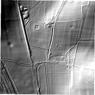 Shaded relief map of the ground around RG206RQ, computed from Environment Agency LiDAR. The ground here sits at about 96 m above sea level and falls 42 m across the surrounding 800 m. Surface water reaching this point runs off ground lying to the north-east, 16.2 m higher.