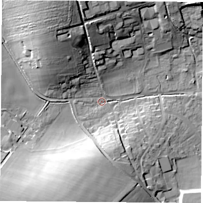 Shaded relief map of the ground around RG207PD, computed from Environment Agency LiDAR. The ground here sits at about 101 m above sea level and falls 29 m across the surrounding 800 m. Surface water reaching this point runs off ground lying to the south-south-west, 26.3 m higher.