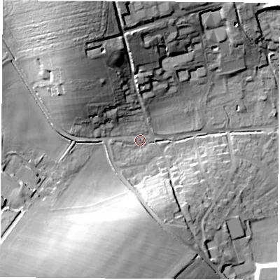 Shaded relief map of the ground around RG207PE, computed from Environment Agency LiDAR. The ground here sits at about 101 m above sea level and falls 29 m across the surrounding 800 m. Surface water reaching this point runs off ground lying to the south-west, 26.2 m higher.