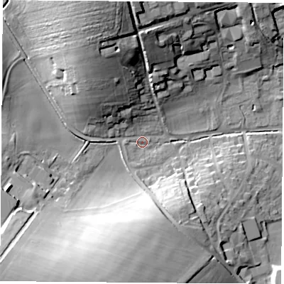 Shaded relief map of the ground around RG207PF, computed from Environment Agency LiDAR. The ground here sits at about 102 m above sea level and falls 29 m across the surrounding 800 m. Surface water reaching this point runs off ground lying to the south-west, 26.5 m higher.