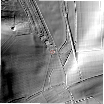 Shaded relief map of the ground around RG207RH, computed from Environment Agency LiDAR. The ground here sits at about 93 m above sea level and falls 42 m across the surrounding 800 m. Surface water reaching this point runs off ground lying to the west, 29.6 m higher.