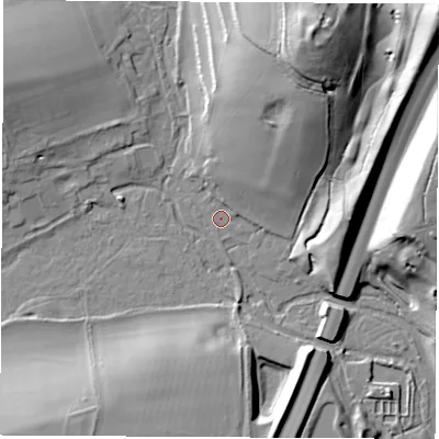 Shaded relief map of the ground around RG208AQ, computed from Environment Agency LiDAR. The ground here sits at about 80 m above sea level and falls 38 m across the surrounding 800 m. Surface water reaching this point runs off ground lying to the north-north-east, 33.4 m higher.