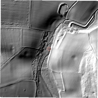 Shaded relief map of the ground around RG208AS, computed from Environment Agency LiDAR. The ground here sits at about 94 m above sea level and falls 51 m across the surrounding 800 m. Surface water reaching this point runs off ground lying to the east, 26.9 m higher.