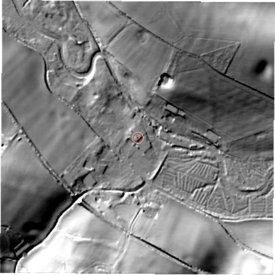 Shaded relief map of the ground around RG208BT, computed from Environment Agency LiDAR. The ground here sits at about 85 m above sea level and falls 30 m across the surrounding 800 m. Surface water reaching this point runs off ground lying to the south-west, 1.5 m higher.