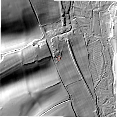 Shaded relief map of the ground around RG208DA, computed from Environment Agency LiDAR. The ground here sits at about 94 m above sea level and falls 34 m across the surrounding 800 m. Surface water reaching this point runs off ground lying to the west-north-west, 3.5 m higher.