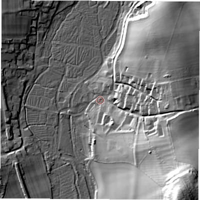 Shaded relief map of the ground around RG208DP, computed from Environment Agency LiDAR. The ground here sits at about 92 m above sea level and falls 53 m across the surrounding 800 m. Surface water reaching this point runs off ground lying to the south-east, 46.1 m higher.