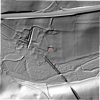 Shaded relief map of the ground around RG208EE, computed from Environment Agency LiDAR. The ground here sits at about 97 m above sea level and falls 27 m across the surrounding 800 m. Surface water reaching this point runs off ground lying to the north-north-west, 9.2 m higher.