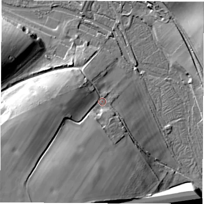 Shaded relief map of the ground around RG208HR, computed from Environment Agency LiDAR. The ground here sits at about 108 m above sea level and falls 38 m across the surrounding 800 m. Surface water reaching this point runs off ground lying to the south-west, 25.5 m higher.