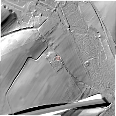 Shaded relief map of the ground around RG208HS, computed from Environment Agency LiDAR. The ground here sits at about 109 m above sea level and falls 38 m across the surrounding 800 m. Surface water reaching this point runs off ground lying to the south-west, 22.3 m higher.