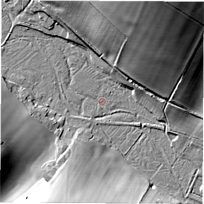 Shaded relief map of the ground around RG208JB, computed from Environment Agency LiDAR. The ground here sits at about 99 m above sea level and falls 42 m across the surrounding 800 m. Surface water reaching this point runs off ground lying to the south-south-west, 21.7 m higher.
