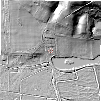 Shaded relief map of the ground around RG208LX, computed from Environment Agency LiDAR. The ground here sits at about 84 m above sea level and falls 43 m across the surrounding 800 m. Surface water reaching this point runs off ground lying to the north-north-east, 27.2 m higher.