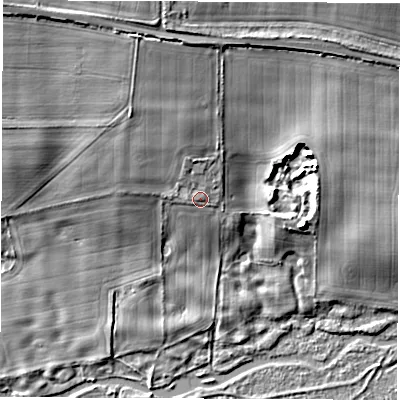 Shaded relief map of the ground around RG208NH, computed from Environment Agency LiDAR. The ground here sits at about 93 m above sea level and falls 14 m across the surrounding 800 m. Surface water reaching this point runs off ground lying to the north-north-west, 2.0 m higher.