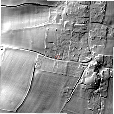 Shaded relief map of the ground around RG208TY, computed from Environment Agency LiDAR. The ground here sits at about 120 m above sea level and falls 23 m across the surrounding 800 m. Surface water reaching this point runs off ground lying to the east, 7.3 m higher.