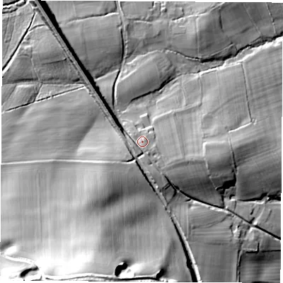 Shaded relief map of the ground around RG209NF, computed from Environment Agency LiDAR. The ground here sits at about 122 m above sea level and falls 47 m across the surrounding 800 m. Surface water reaching this point runs off ground lying to the south-south-east, 3.4 m higher.