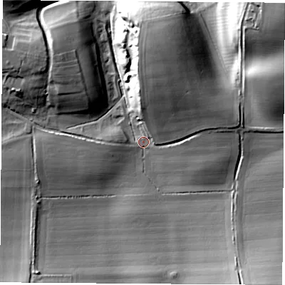Shaded relief map of the ground around RG209NL, computed from Environment Agency LiDAR. The ground here sits at about 122 m above sea level and falls 36 m across the surrounding 800 m. Surface water reaching this point runs off ground lying to the north-north-east, 17.6 m higher.