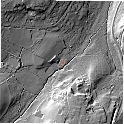 Shaded relief map of the ground around RG209QW, computed from Environment Agency LiDAR. The ground here sits at about 111 m above sea level and falls 26 m across the surrounding 800 m. Surface water reaching this point runs off ground lying to the west-north-west, 5.2 m higher.