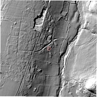Shaded relief map of the ground around RG209RG, computed from Environment Agency LiDAR. The ground here sits at about 123 m above sea level and falls 30 m across the surrounding 800 m. Surface water reaching this point runs off ground lying to the west-south-west, 4.4 m higher.