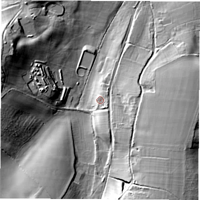 Shaded relief map of the ground around RG209SD, computed from Environment Agency LiDAR. The ground here sits at about 143 m above sea level and falls 33 m across the surrounding 800 m. Surface water reaching this point runs off ground lying to the east-south-east, 3.6 m higher.
