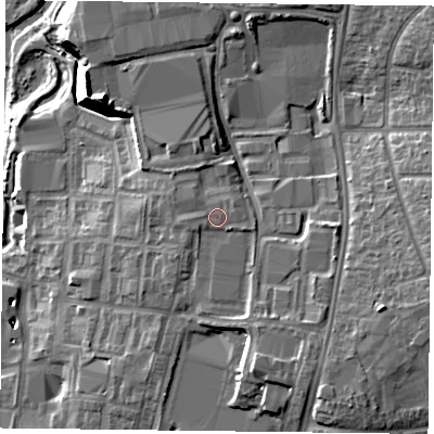 Shaded relief map of the ground around RG20BS, computed from Environment Agency LiDAR. The ground here sits at about 49 m above sea level and falls 18 m across the surrounding 800 m. Surface water reaching this point runs off ground lying to the west, 0.8 m higher.