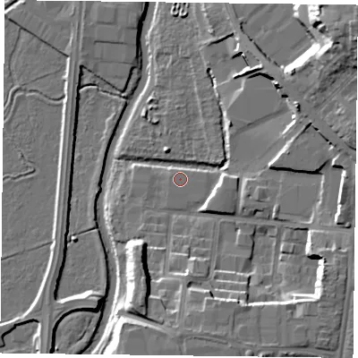 Shaded relief map of the ground around RG20EE, computed from Environment Agency LiDAR. The ground here sits at about 40 m above sea level and falls 27 m across the surrounding 800 m. Surface water reaching this point runs off ground lying to the west, 2.0 m higher.