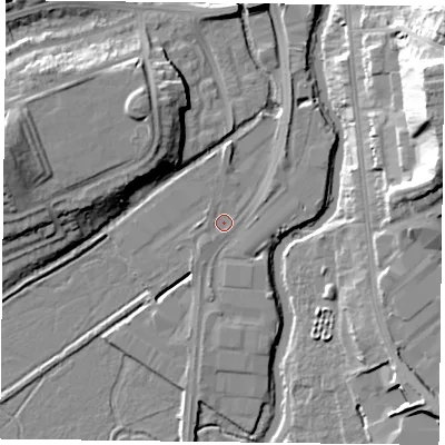 Shaded relief map of the ground around RG20HP, computed from Environment Agency LiDAR. The ground here sits at about 39 m above sea level and falls 29 m across the surrounding 800 m. Surface water reaching this point runs off ground lying to the south-west, 1.2 m higher.